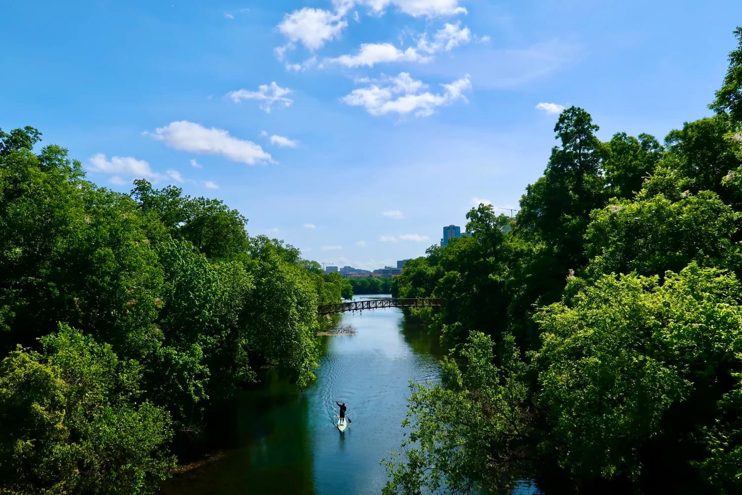 A stand-up paddler on Barton Creek beneath a wide blue sky and green canopy