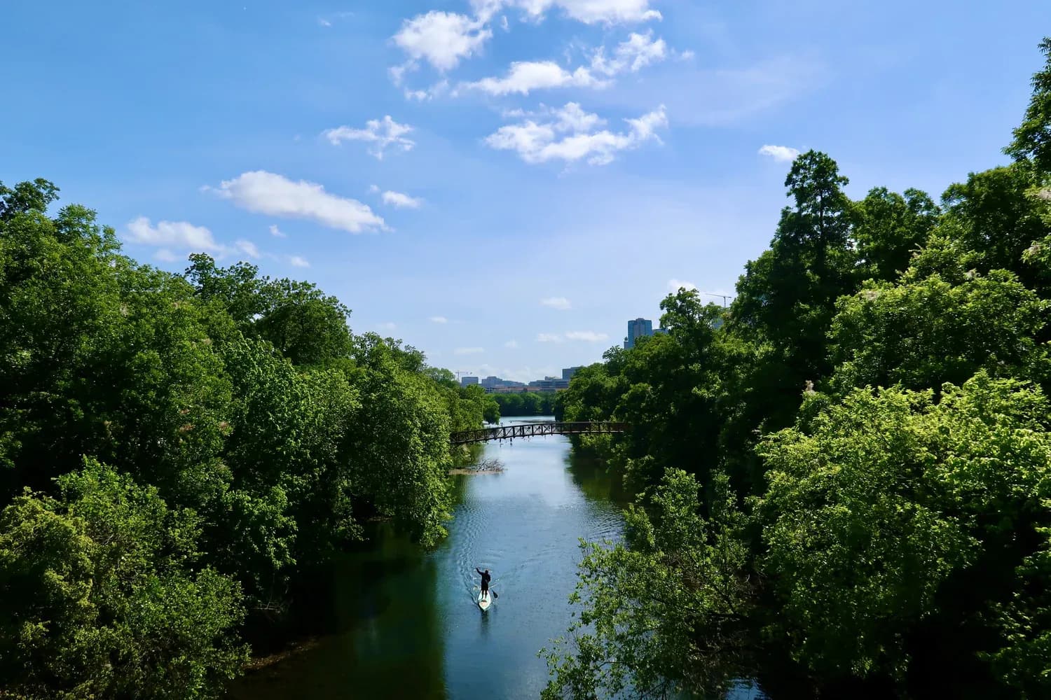 A stand-up paddler on Barton Creek beneath a wide blue sky and green canopy